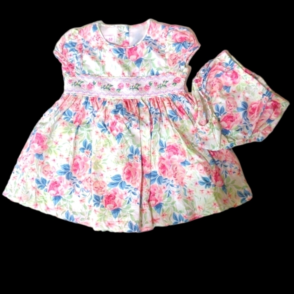 Bonnie Baby Short Sleeve Floral Dress With Matching Bloomers Size 12M